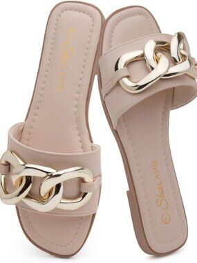 Chic Flat Sandals for Women, Dressy Slides with Metal Chain, Open Toe, Cushioned